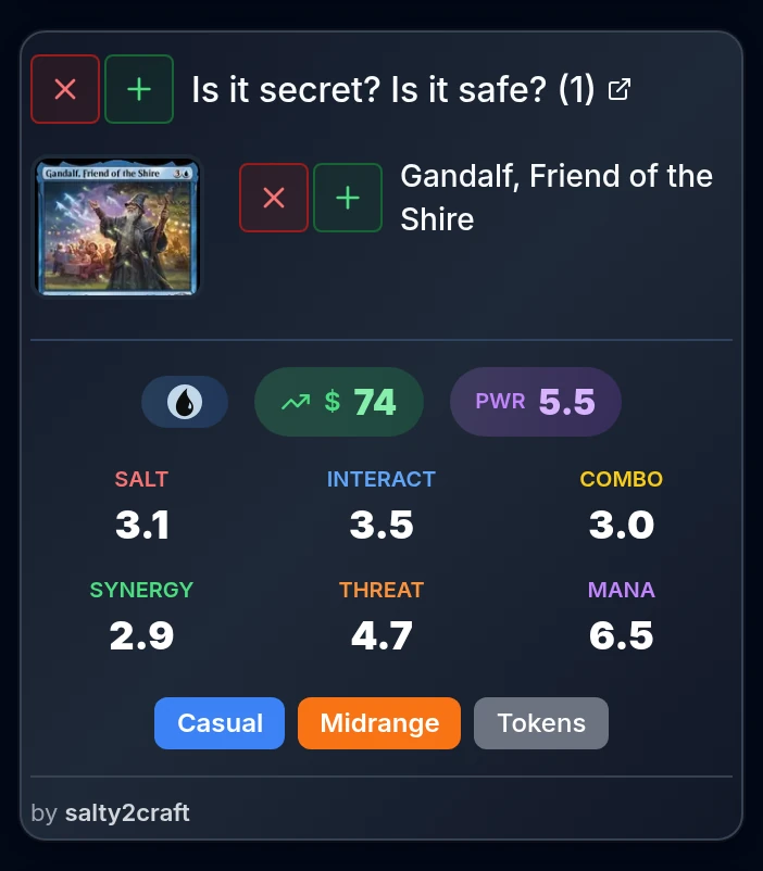 A Commander deck result tile with hide and save controls next to the deck name and its commander