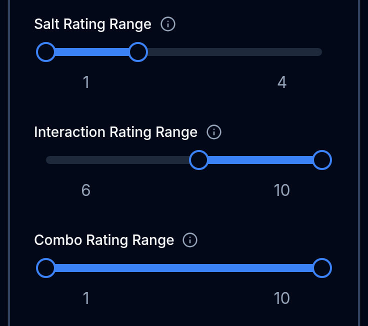 The deck ratings sliders in advanced search with salt capped at 4, interaction set to 6 and up, and combo left open