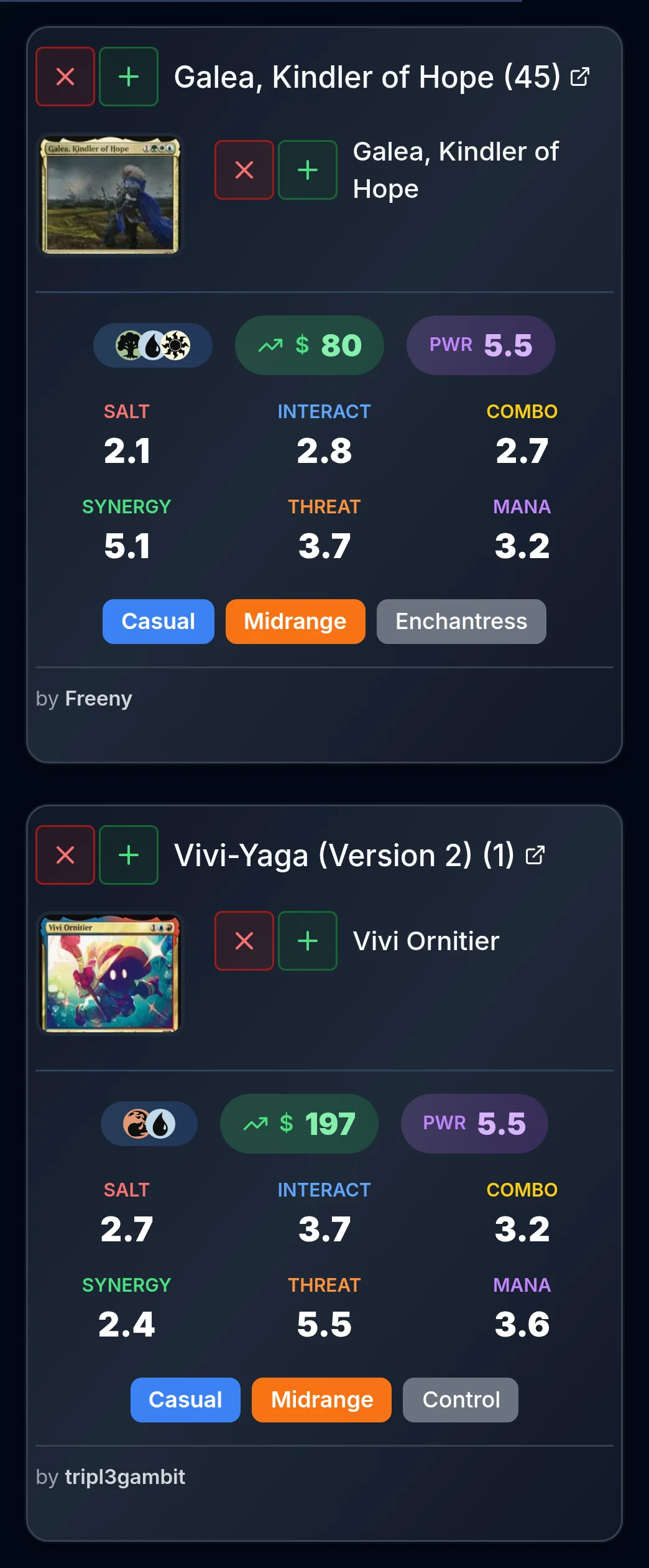 Two Commander deck result tiles on mobile, each showing price, power level, salt and playstyle ratings