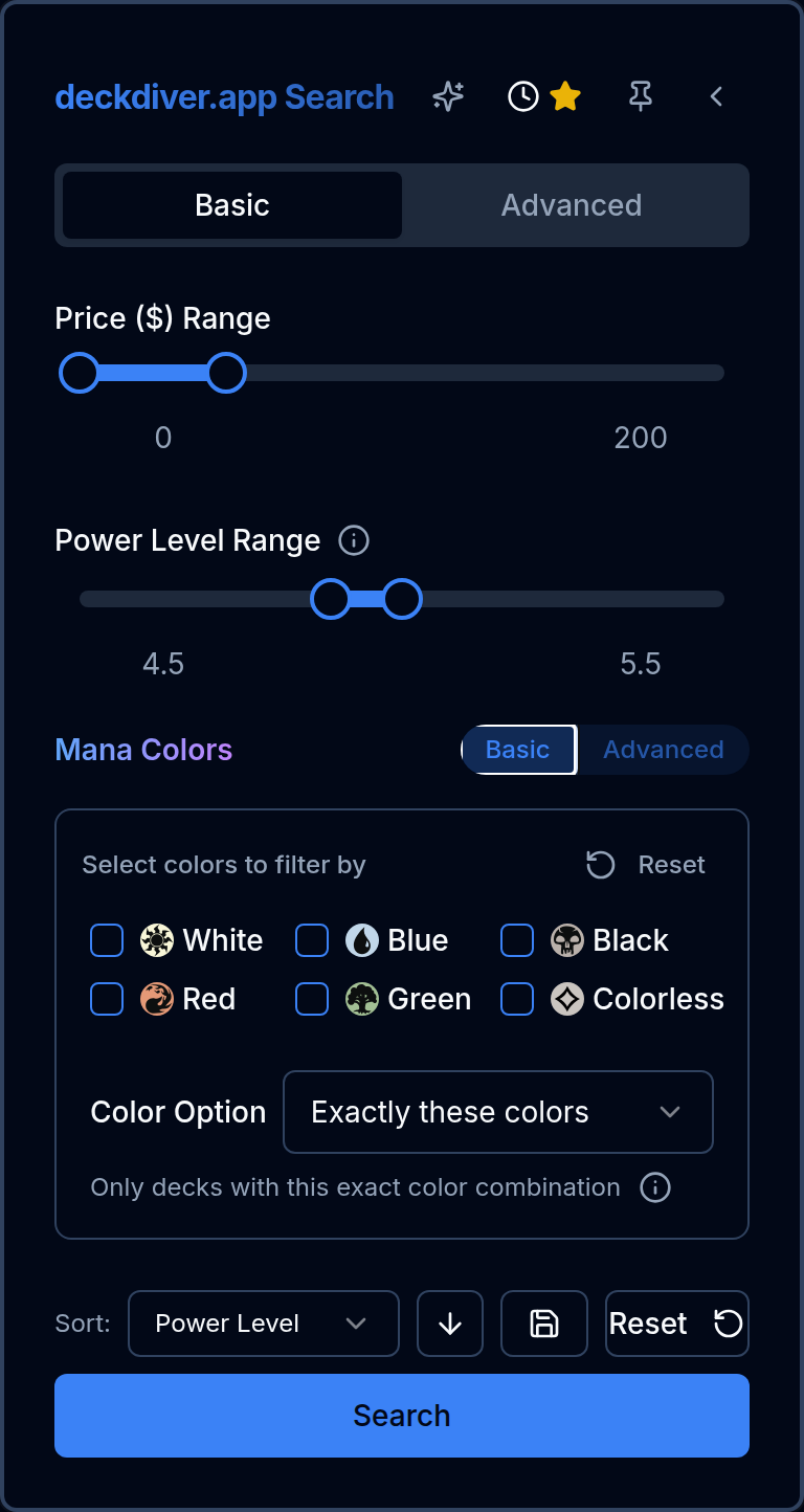 The deckdiver search form with the power level slider set to 4.5 to 5.5 and the price range capped at $200